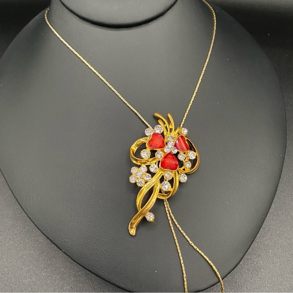 Shiny Gold Tone Red Heart Lariat Necklace with Clear Crystal Rhinestones